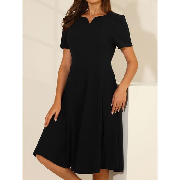 Women's Office Dresses with Pockets Split Neck Work A-Line Dress Black - Picture 4 of 6